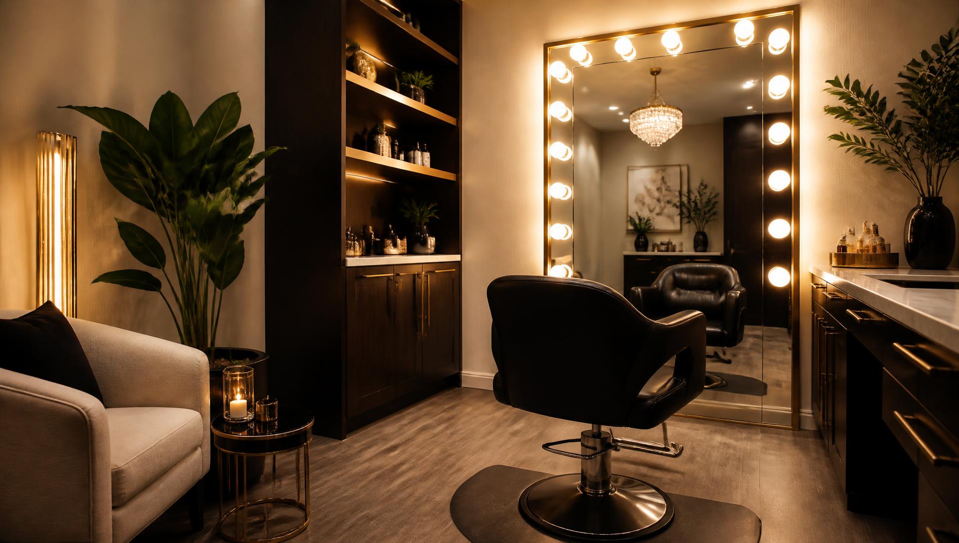 Private styling suite with a lighted mirror and salon chair available for braiders in Forest Park, Georgia